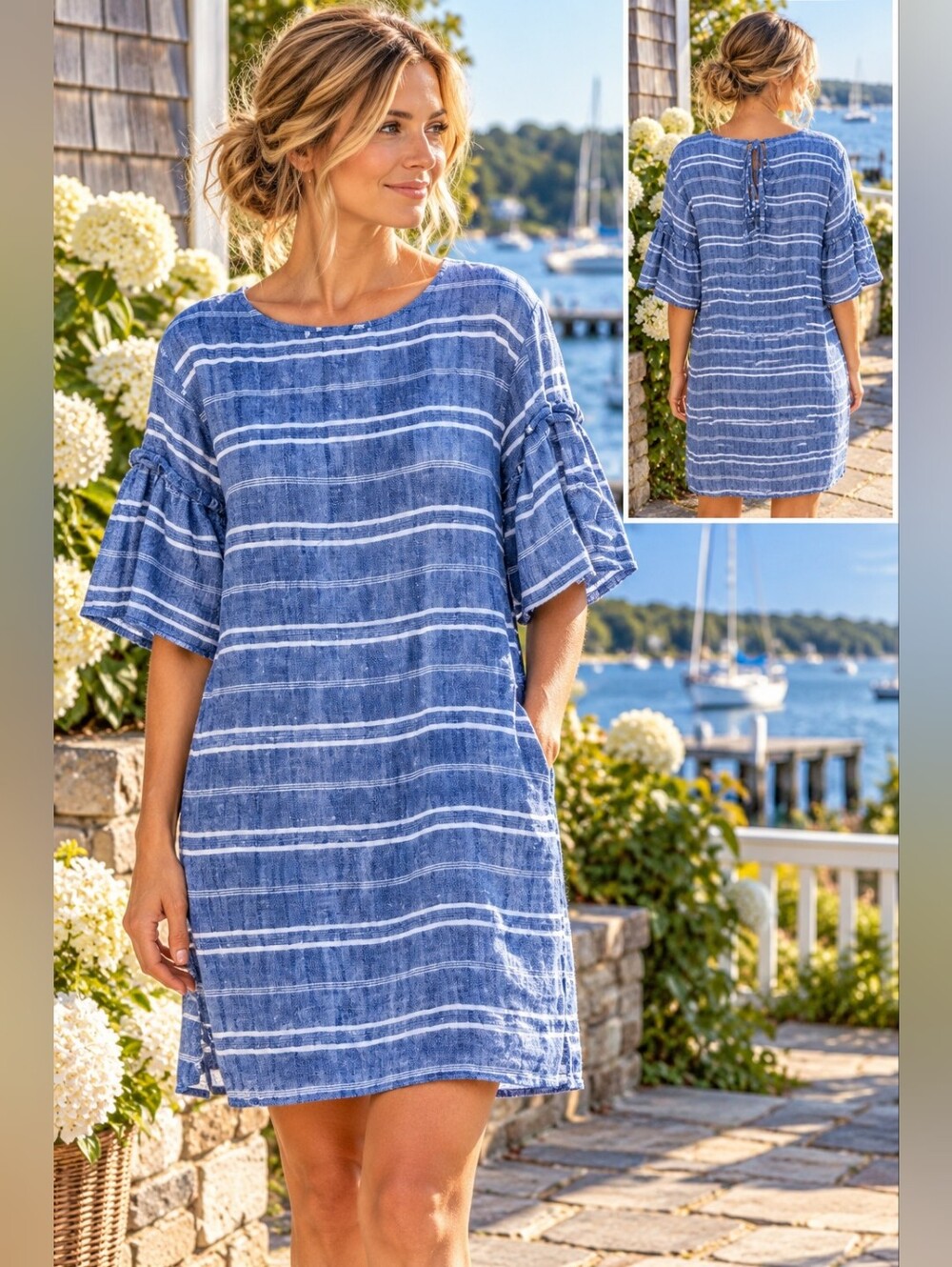 Caslon 100% Linen Blue White Striped Shift Dress Bell Sleeve Coastal